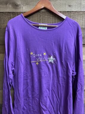 Vtg Quacker Factory Halloween Top 1X Purple Beaded Embroidered Good Witch